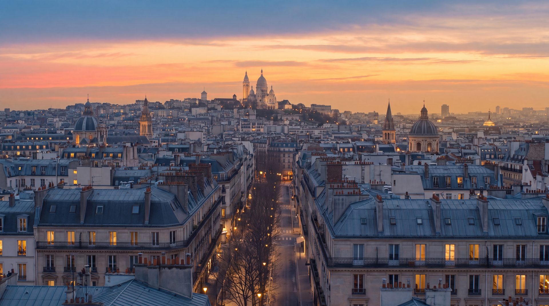 Paris au coucher du soleil, une mer de toits jusqu'au Sacré-Cœur : le premier plan du film — image générée par IA