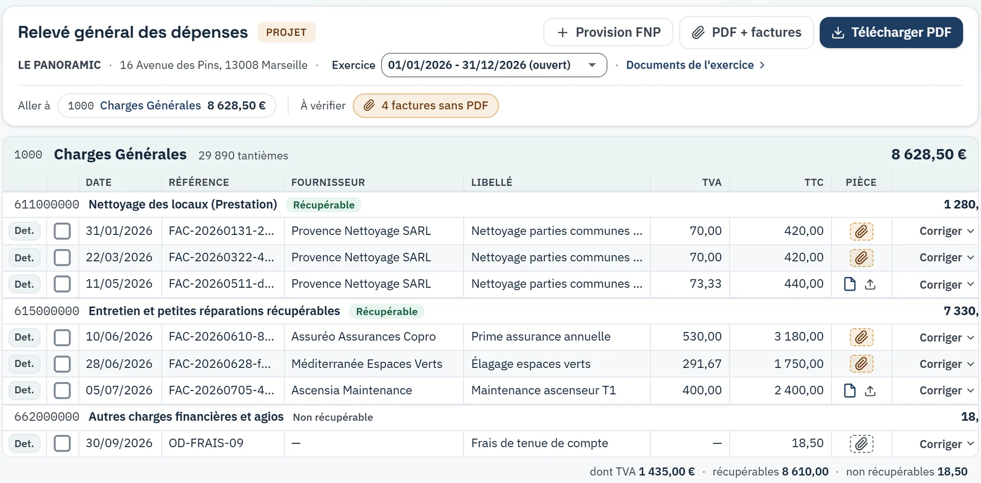 Relevé général des dépenses en projet : les charges par clé et par compte, chaque facture avec sa pièce ; charges générales : 8 628,50 €