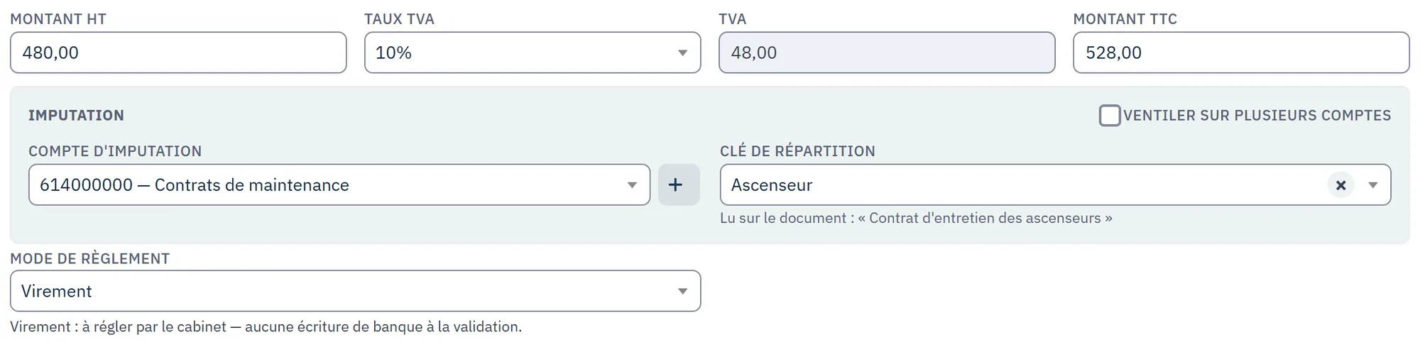 Facture de 528,00 € : montants lus sur la pièce, compte 614000000 Contrats de maintenance et clé Ascenseur proposés, la clé « lue sur le document »