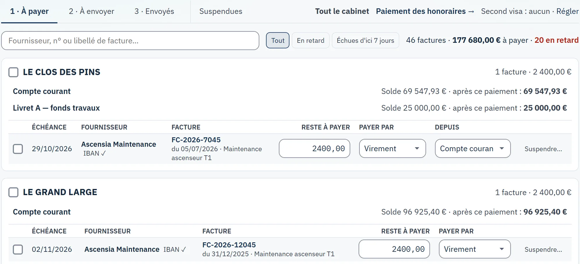 Paiements fournisseurs du cabinet : les factures dues par copropriété, le solde de chaque compte après ce paiement, le fournisseur au RIB vérifié