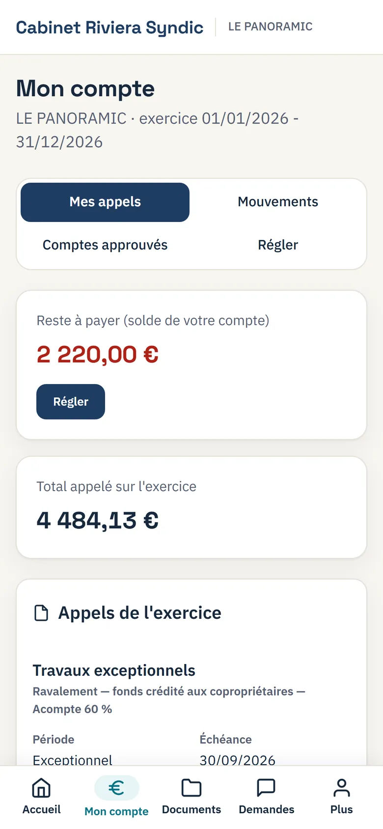 L'onglet « Mon compte » : ce qui reste à payer, le total appelé sur l'exercice, et la liste de ses appels de fonds avec leur échéance, leur montant et leur statut