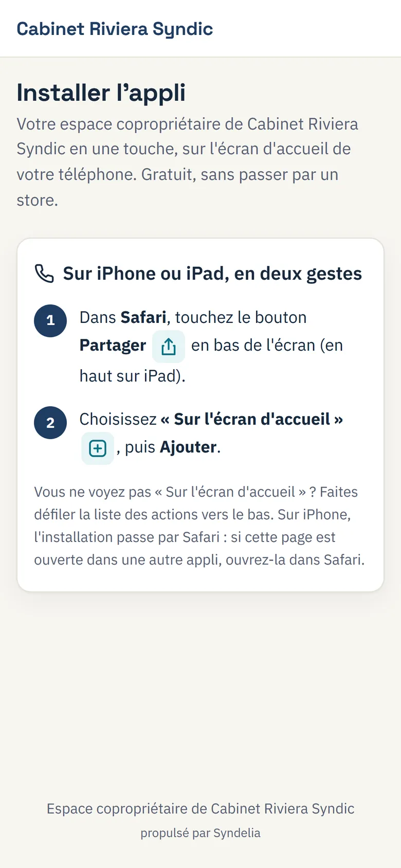 La page « Installer l'appli » sur un iPhone : l'espace copropriétaire du cabinet en une touche sur l'écran d'accueil, gratuit et sans store, en deux gestes dans Safari